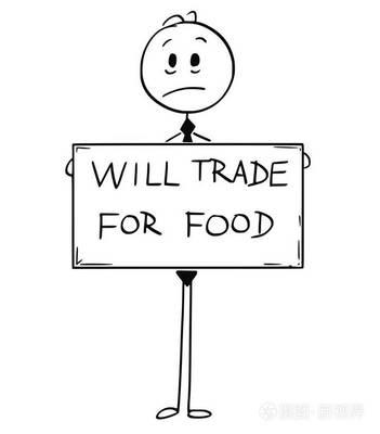 卡通的悲傷饑餓的失業商人控股將貿易的食品標志